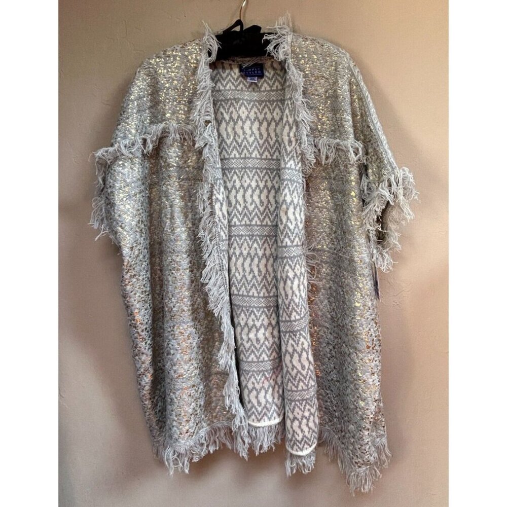 Simply Styled Fringe Cardigan Sweater Cloud Dancer Quarry w/ Gold One Size New